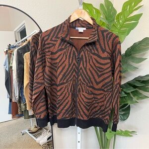 🖤 Half Moon Bay Tiger Zebra Print Zip-Up Sweatshirt Jacket | Brown Black Sz XL